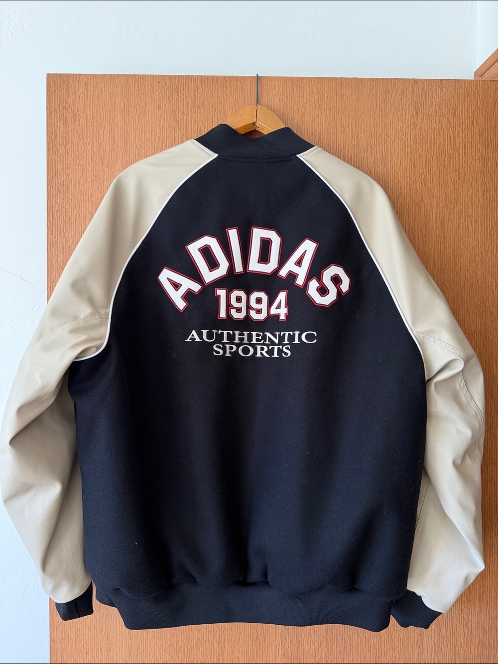 adidas Black and Cream Varsity Bomber Jacket with Red Logo BNWT